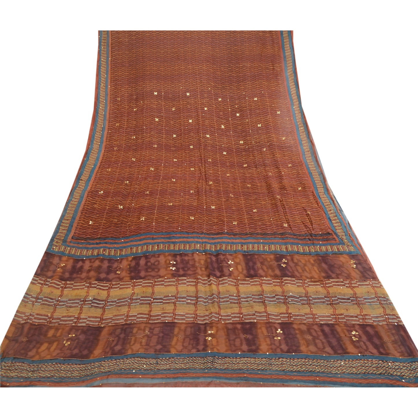 Sanskriti Vintage Sarees Multi Hand Beaded Pure Georgette Silk Sari Craft Sustainable Fabric