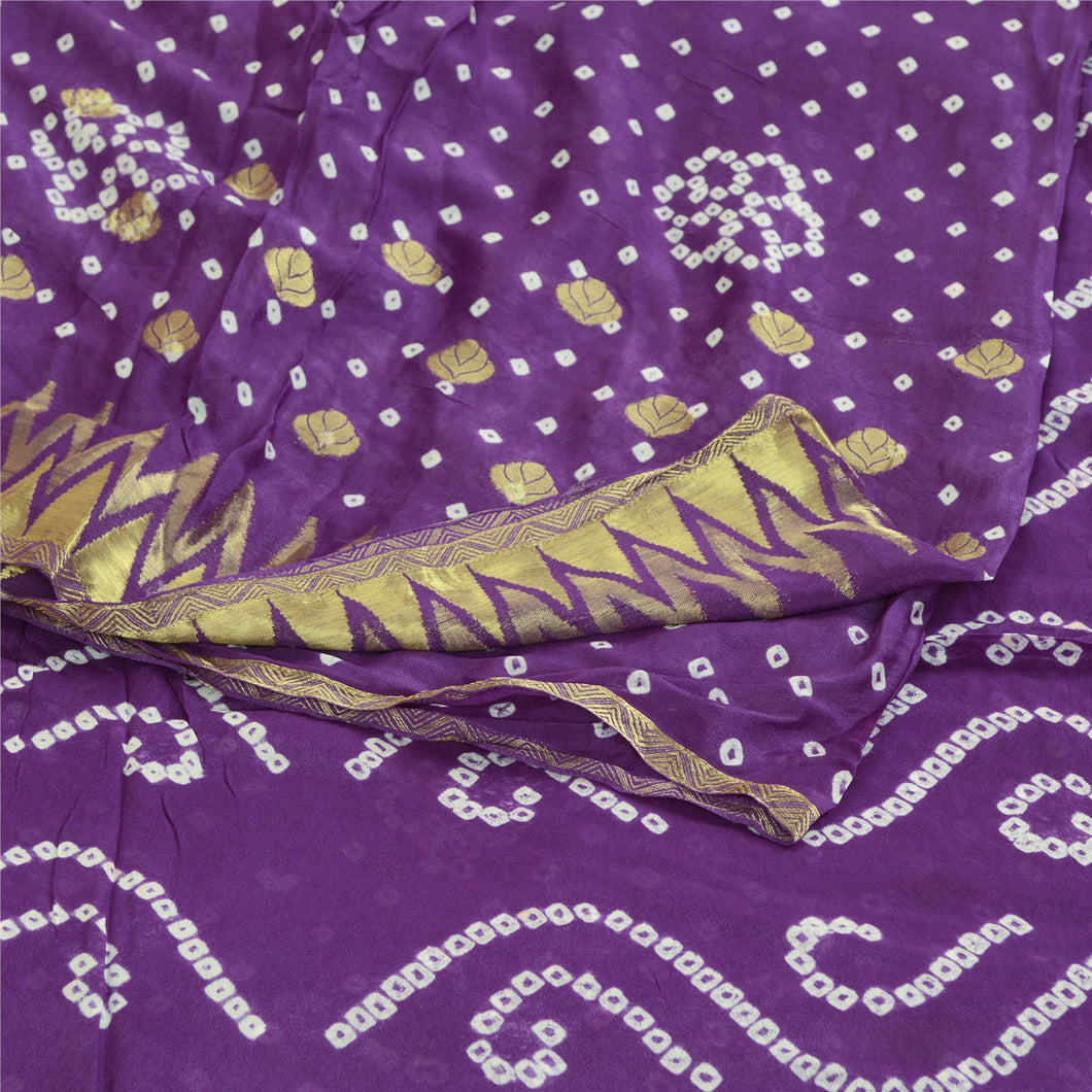 Sanskriti Vintage Sarees Purple Bandhani Printed Blend Georgette Sari 5yd Fabric