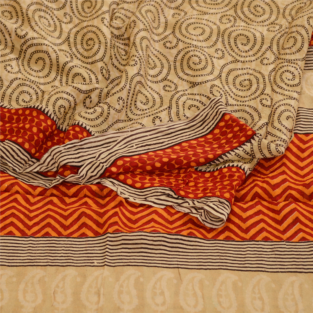 Sanskriti Vintage Sarees Brown Pure Georgette Silk Printed Sari 5yd Craft Fabric