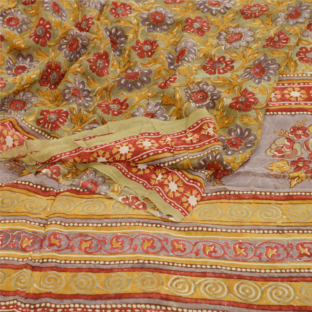 Sanskriti Vintage Sarees Multi Block Print Pure Georgette Silk Sari Craft Fabric