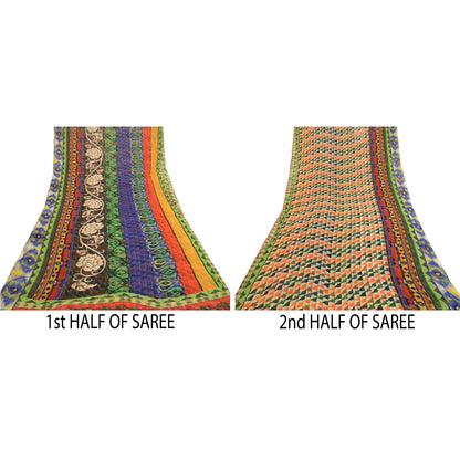 Sanskriti vintage sarier fra Indien multi-blend georgette-trykt sari i bæredygtigt stof