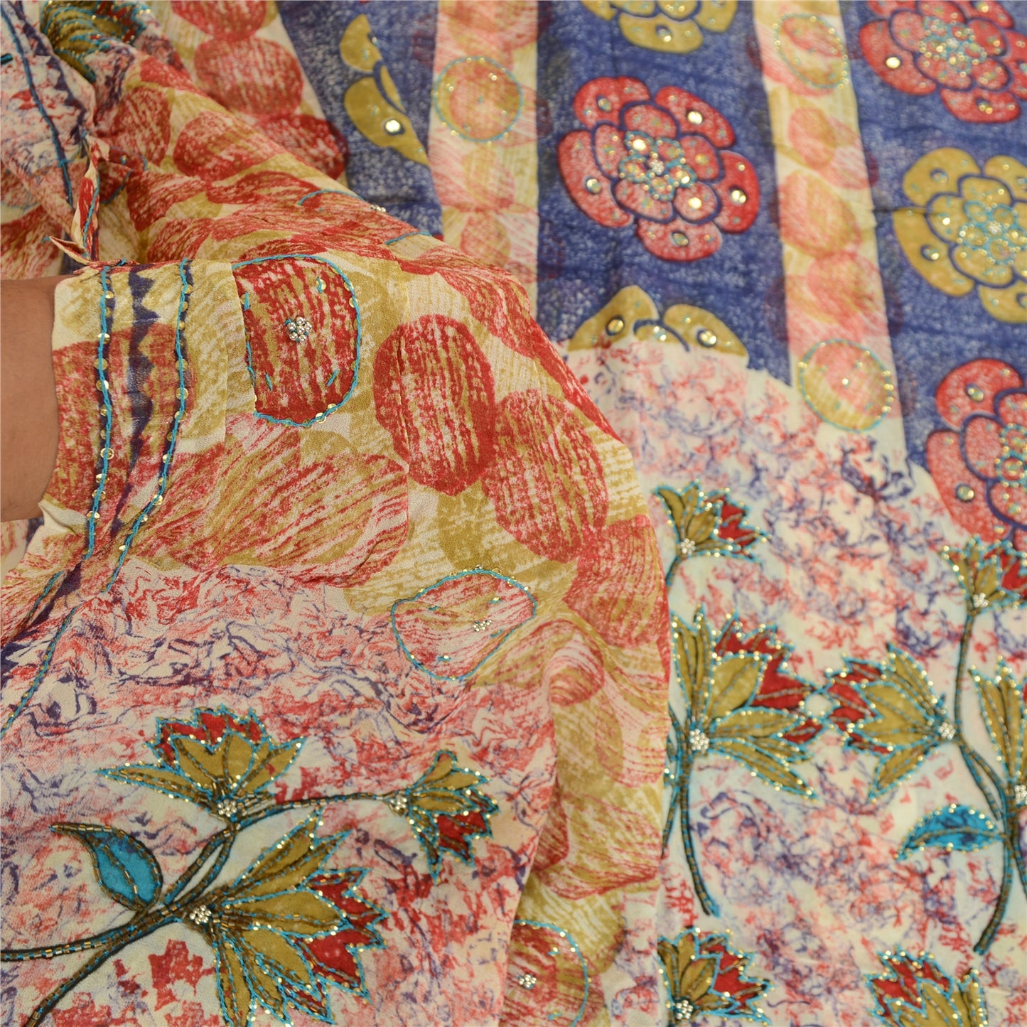 Sanskriti Vintage Sarees Hand Beaded Multi Blend Georgette Printed Sari Sustainable Fabric