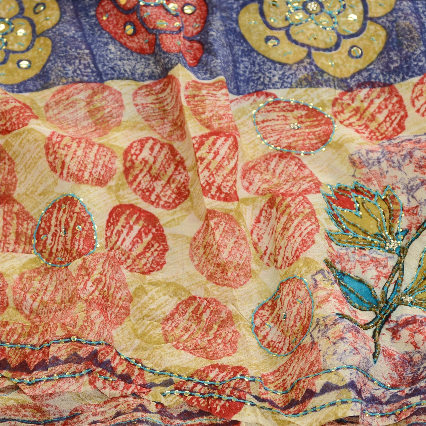 Sanskriti Vintage Sarees Hand Beaded Multi Blend Georgette Printed Sari Sustainable Fabric