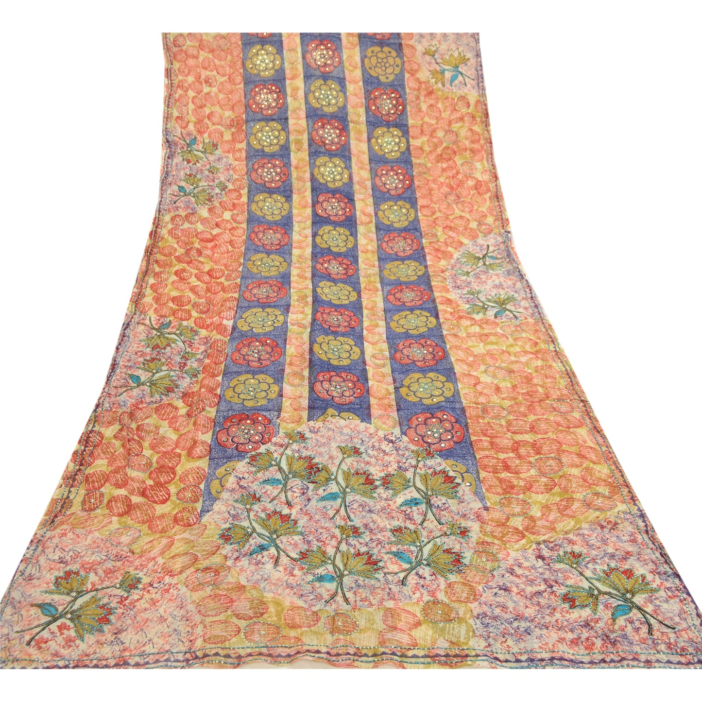 Sanskriti Vintage Sarees Hand Beaded Multi Blend Georgette Printed Sari Sustainable Fabric