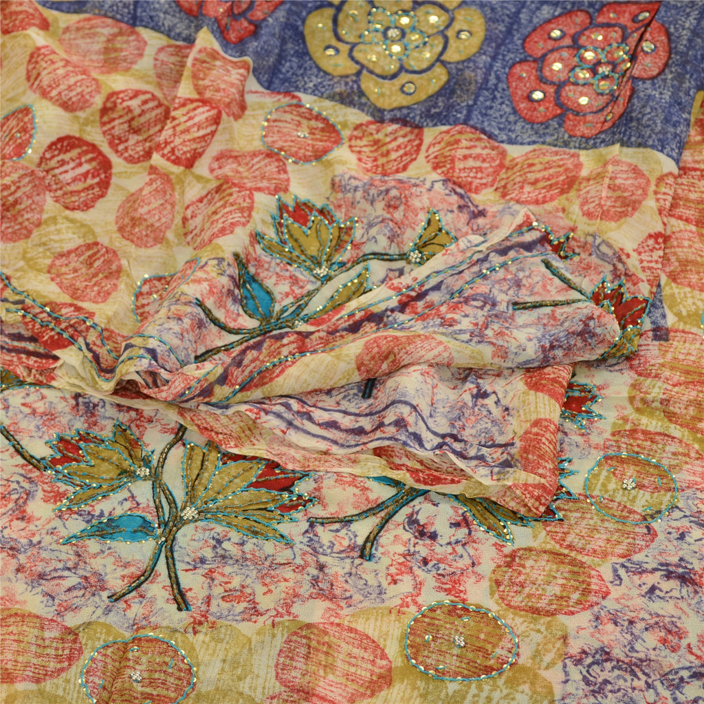Sanskriti Vintage Sarees Hand Beaded Multi Blend Georgette Printed Sari Sustainable Fabric