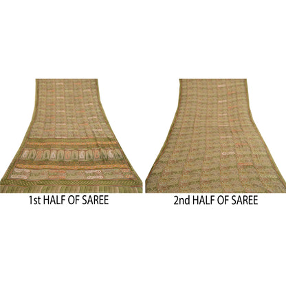 Санскрити Винтаж Зеленые Индийские Сари Жоржет Печатный Сари Ремесло 5 Ярдов Экологичная Ткань