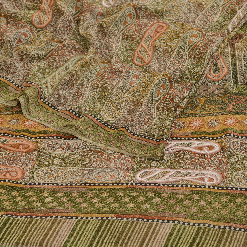 Санскрити Винтаж Зеленые Индийские Сари Жоржет Печатный Сари Ремесло 5 Ярдов Экологичная Ткань