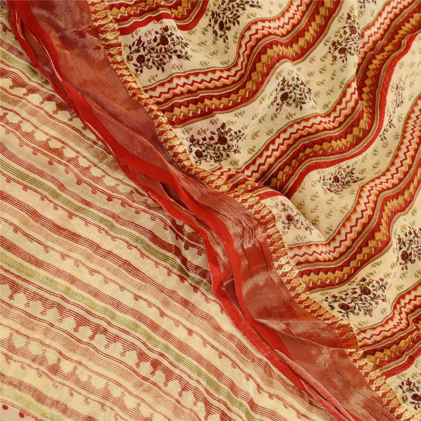 Sanskriti Vintage Sarees Cream Blend Georgette Zari Work Print Sari Craft Sustainable Fabric