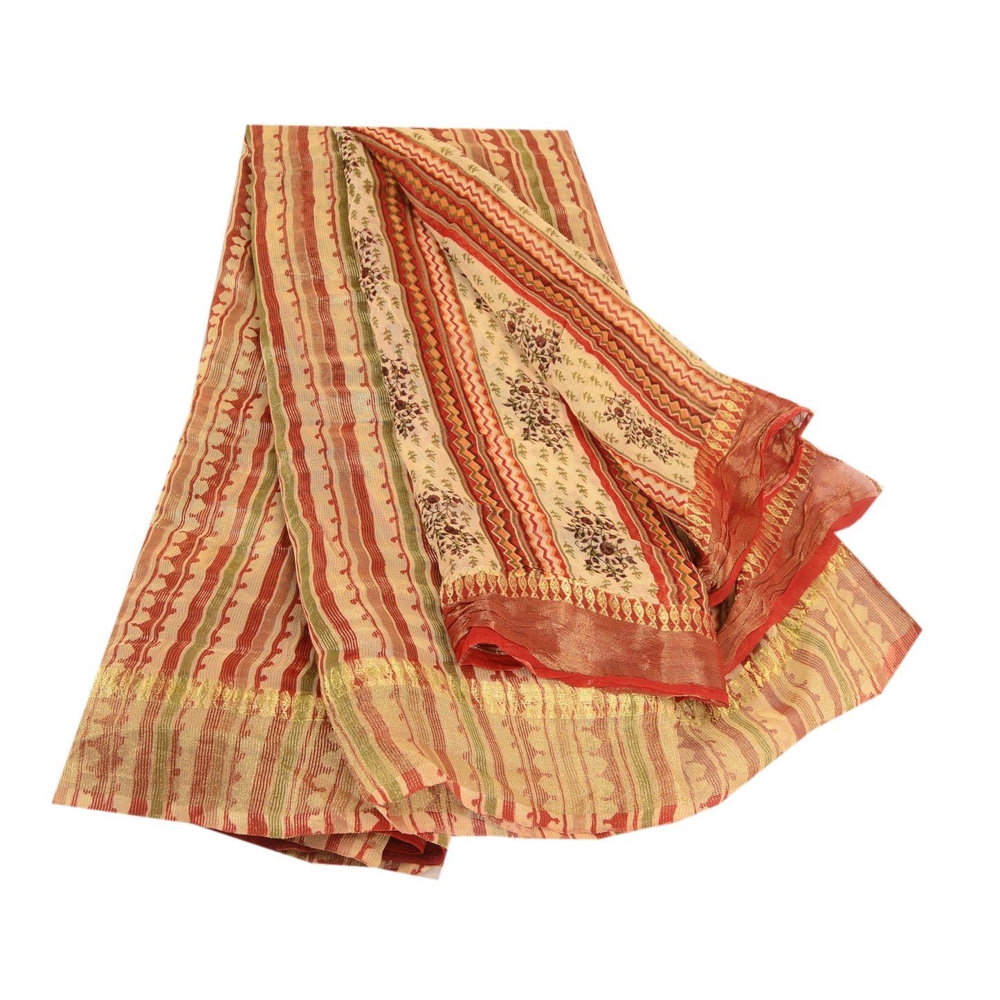 Sanskriti Vintage Sarees Cream Blend Georgette Zari Work Print Sari Craft Sustainable Fabric