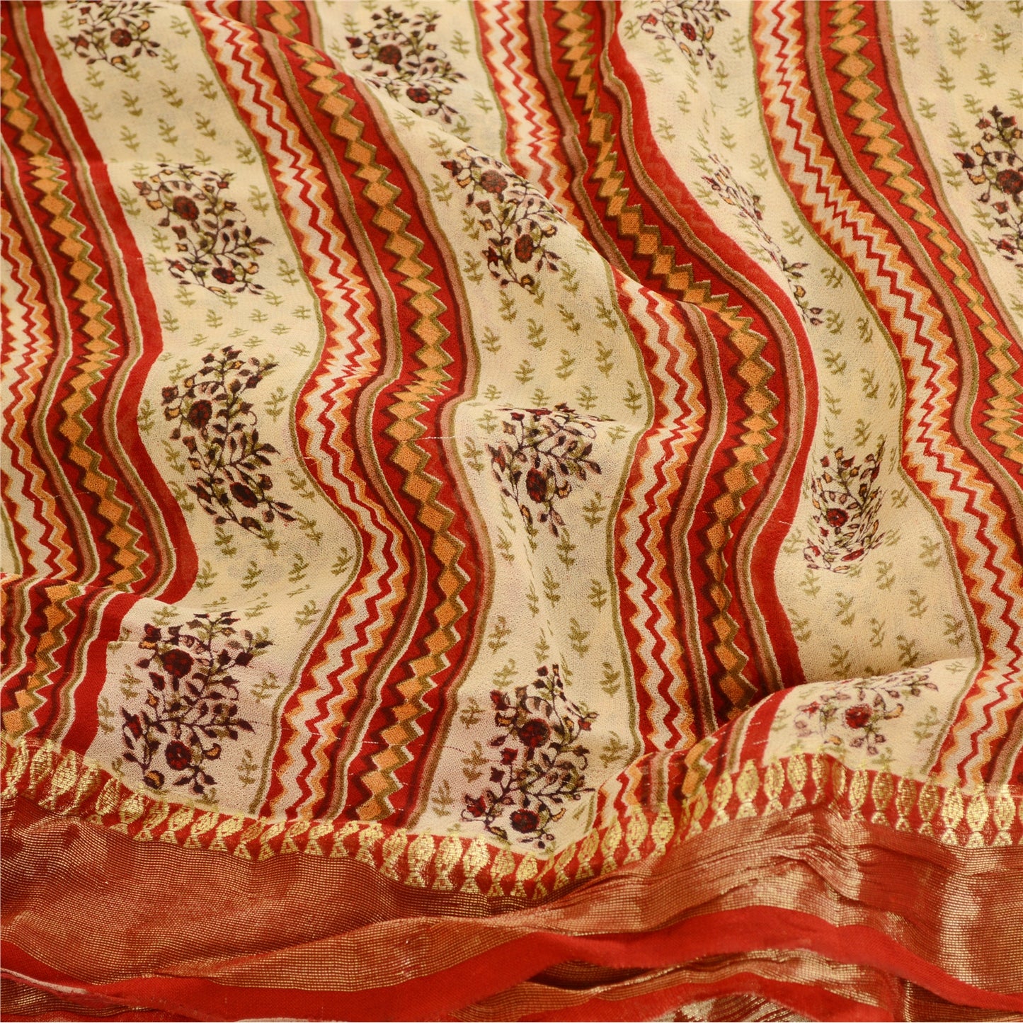 Sanskriti Vintage Sarees Cream Blend Georgette Zari Work Print Sari Craft Sustainable Fabric