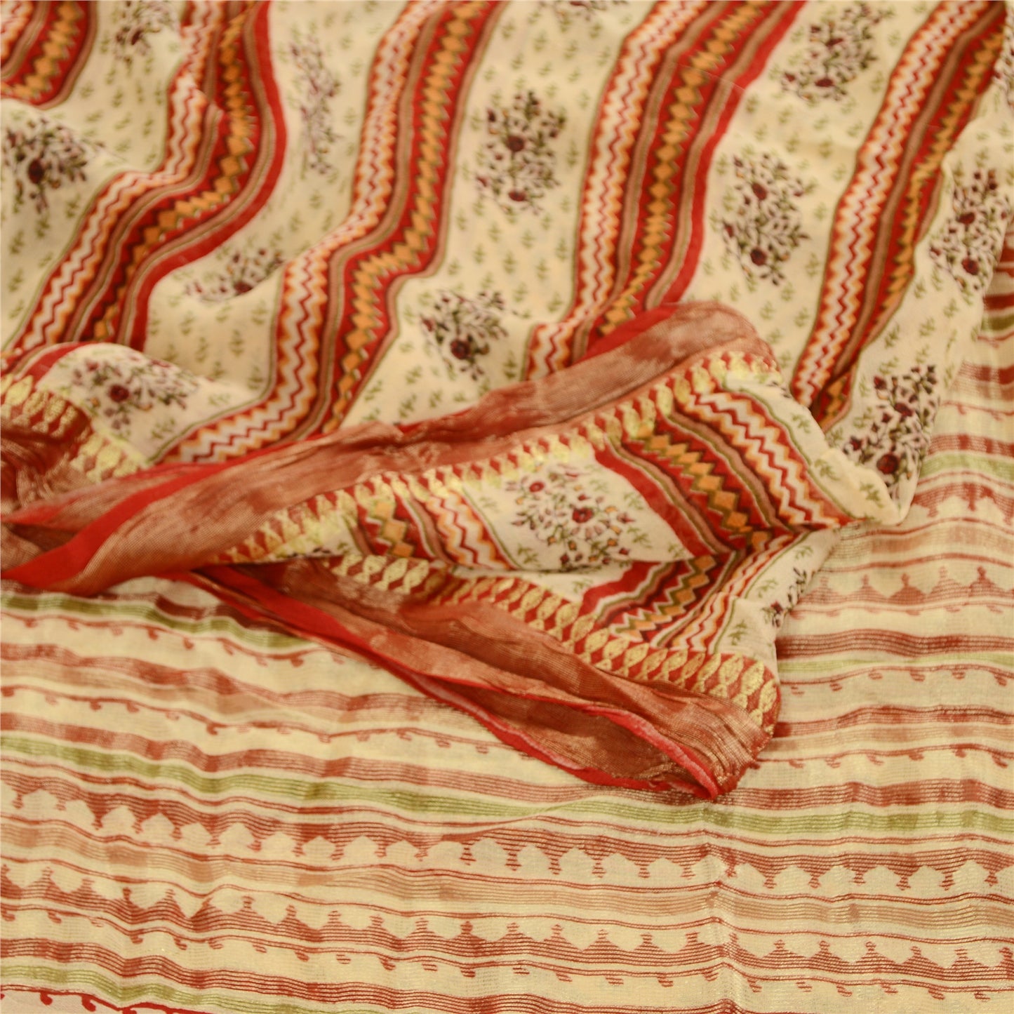 Sanskriti Vintage Sarees Cream Blend Georgette Zari Work Print Sari Craft Sustainable Fabric