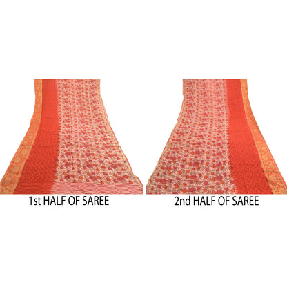 Sanskriti Vintage Sarees Red Blend Georgette Printed Zari Border Sari 5yd Sustainable Fabric