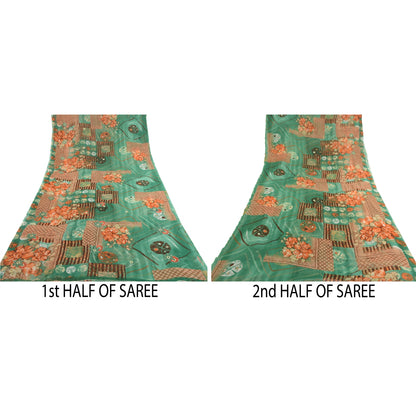 Sanskriti Vintage Sarees From India Green Georgette Printed Sari Craft Sustainable Fabric