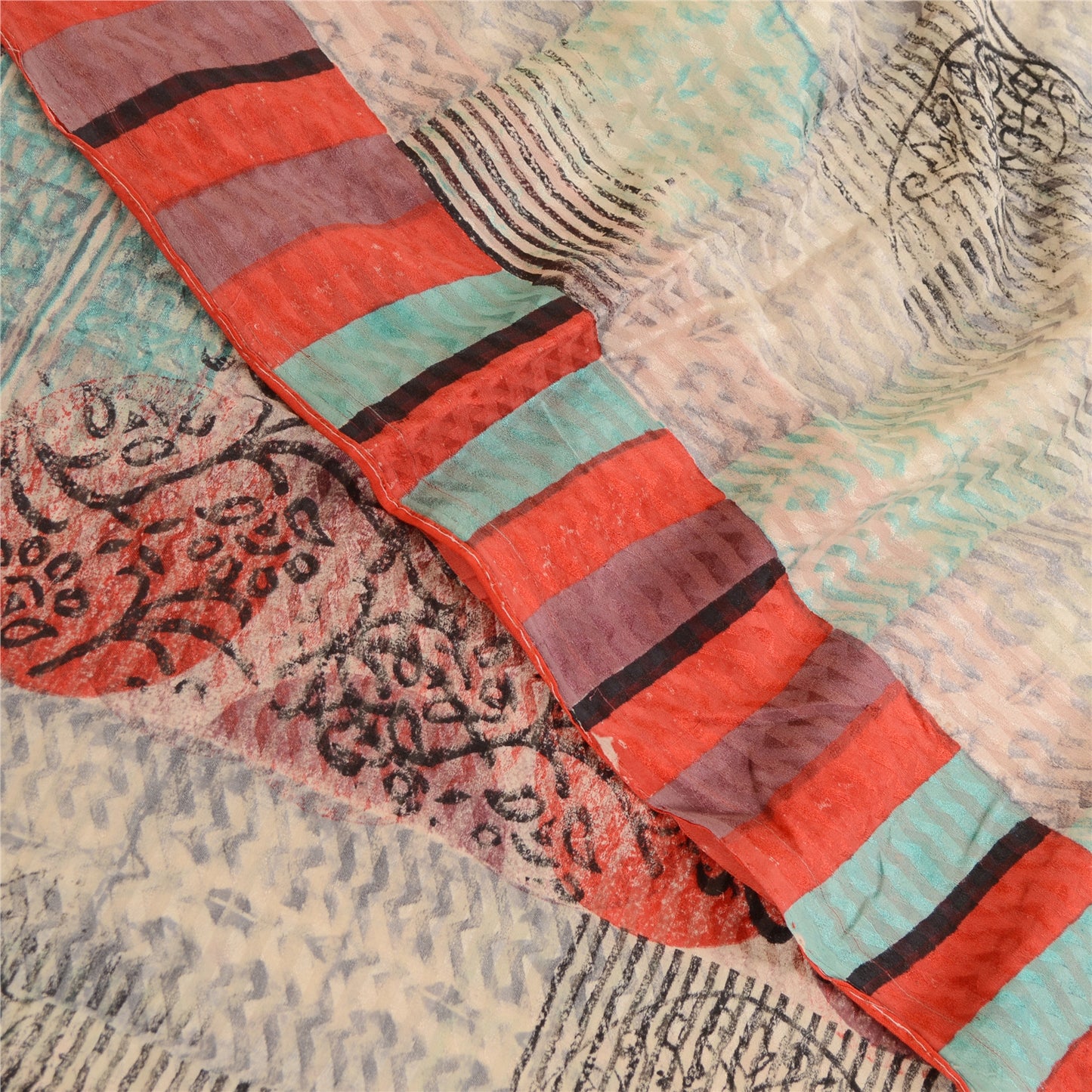 Sanskriti Vintage Sarees Ivory Block Print Woven Pure Georgette Silk Sari Sustainable Fabric