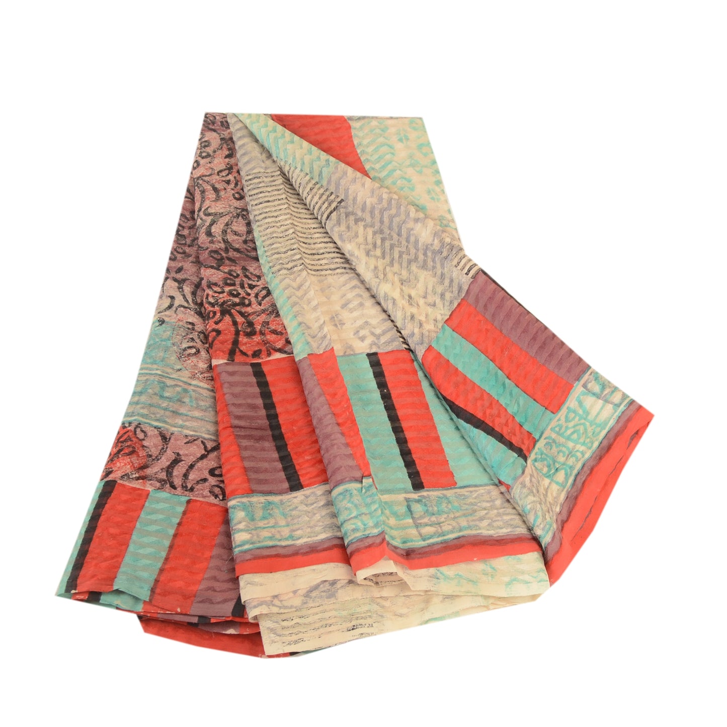 Sanskriti Vintage Sarees Ivory Block Print Woven Pure Georgette Silk Sari Sustainable Fabric