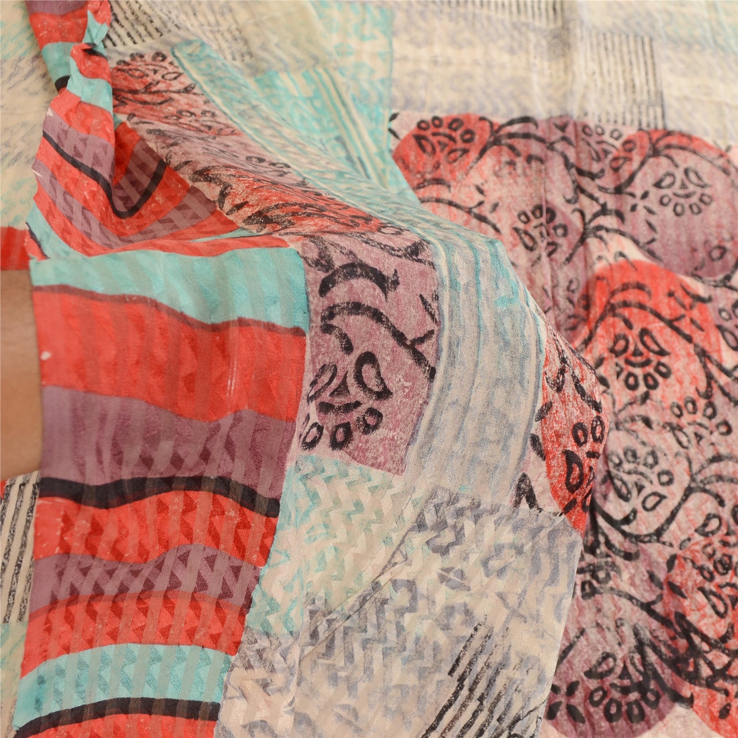 Sanskriti Vintage Sarees Ivory Block Print Woven Pure Georgette Silk Sari Sustainable Fabric