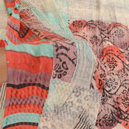 Sanskriti Vintage Sarees Ivory Block Print Woven Pure Georgette Silk Sari Sustainable Fabric