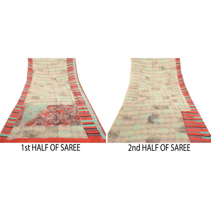 Sanskriti Vintage Sarees Ivory Block Print Woven Pure Georgette Silk Sari Sustainable Fabric