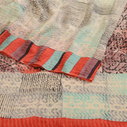 Sanskriti Vintage Sarees Ivory Block Print Woven Pure Georgette Silk Sari Sustainable Fabric