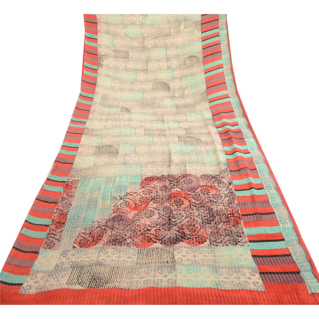 Sanskriti Vintage Sarees Ivory Block Print Woven Pure Georgette Silk Sari Sustainable Fabric