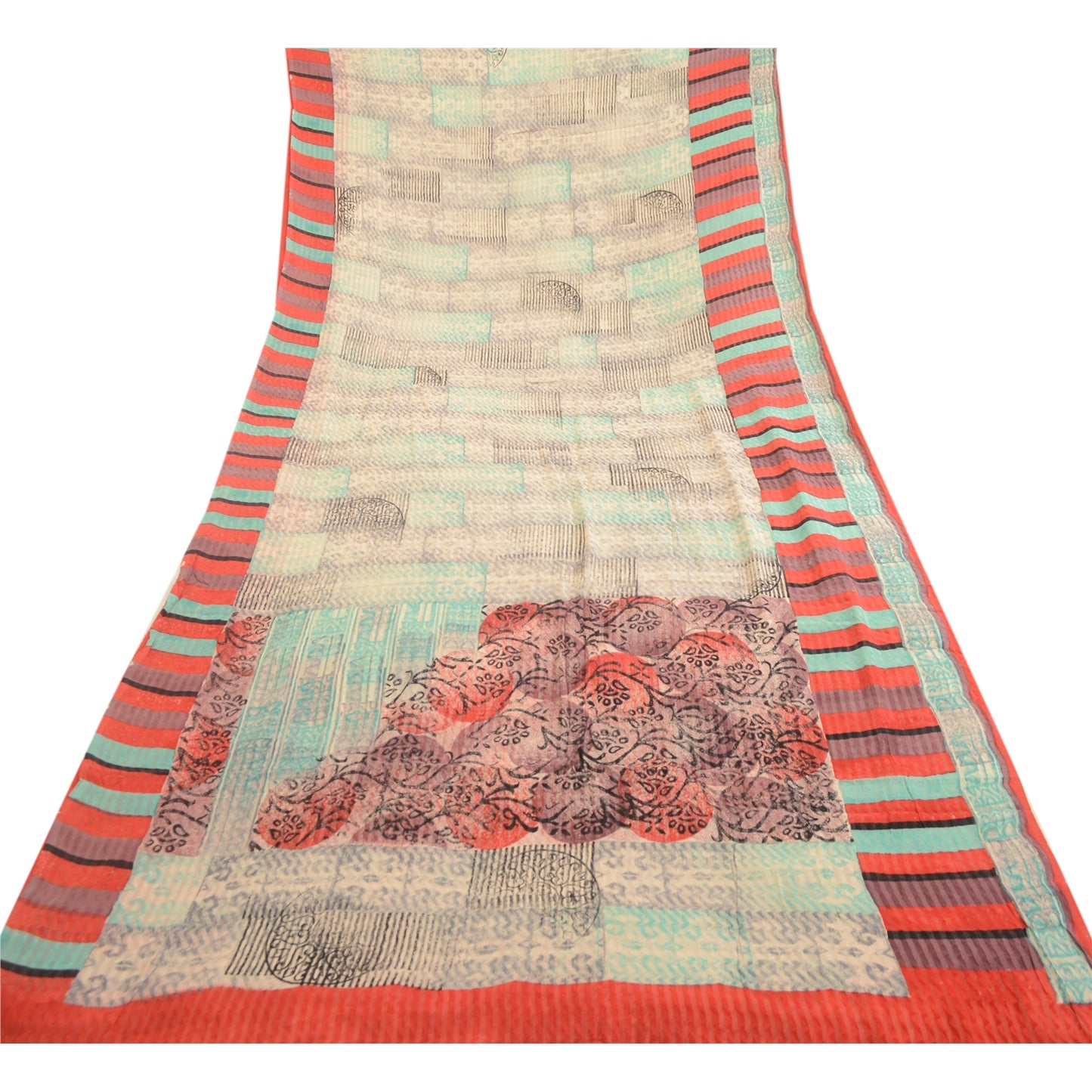 Sanskriti Vintage Sarees Ivory Block Print Woven Pure Georgette Silk Sari Sustainable Fabric