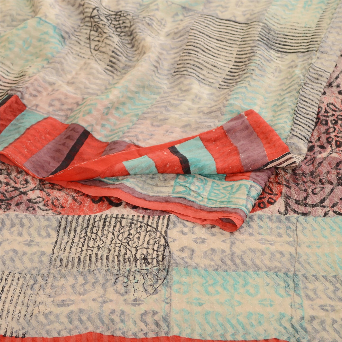 Sanskriti Vintage Sarees Ivory Block Print Woven Pure Georgette Silk Sari Sustainable Fabric