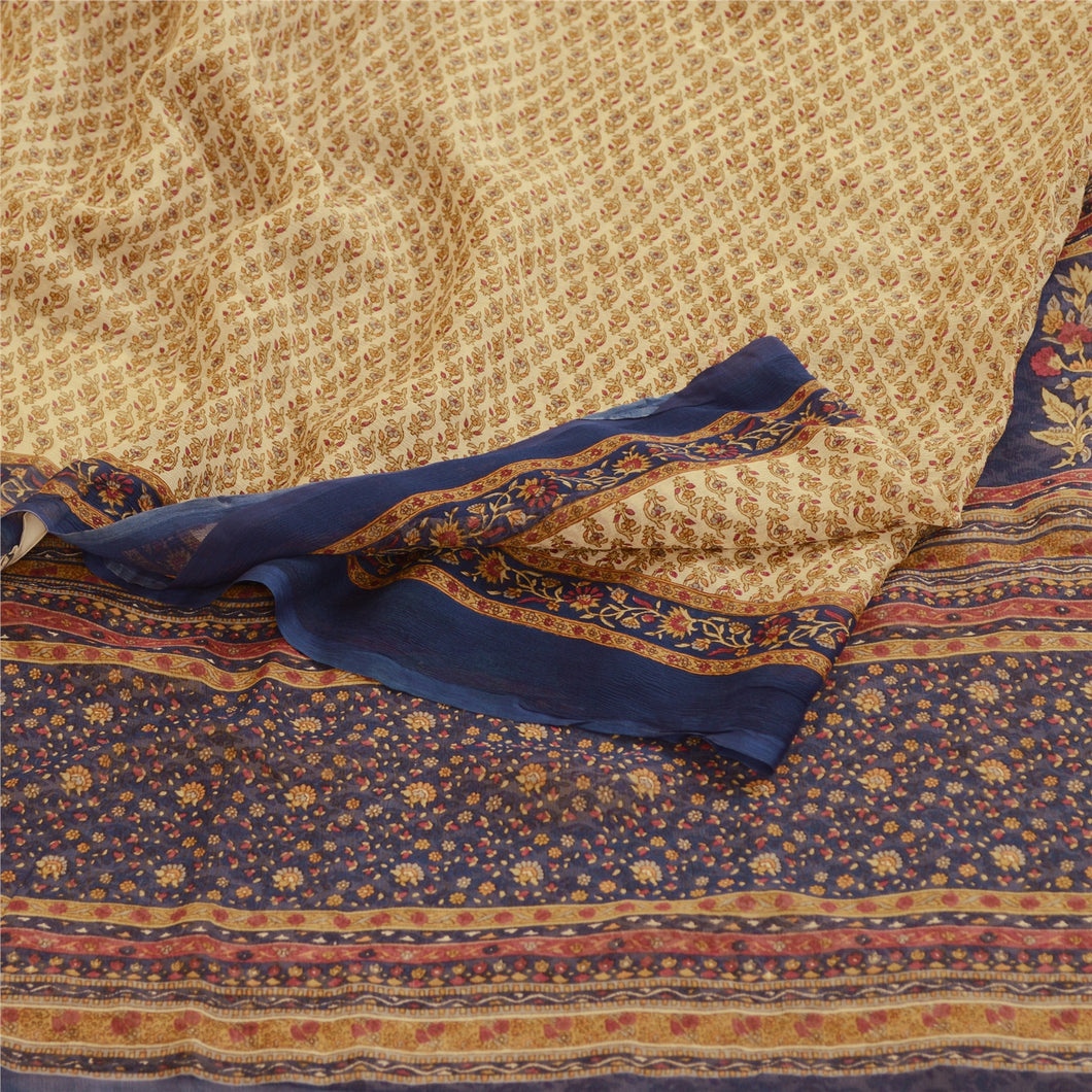 Sanskriti Vintage Saree Cream Pure Chiffon Silk Printed Sari Floral Craft Fabric