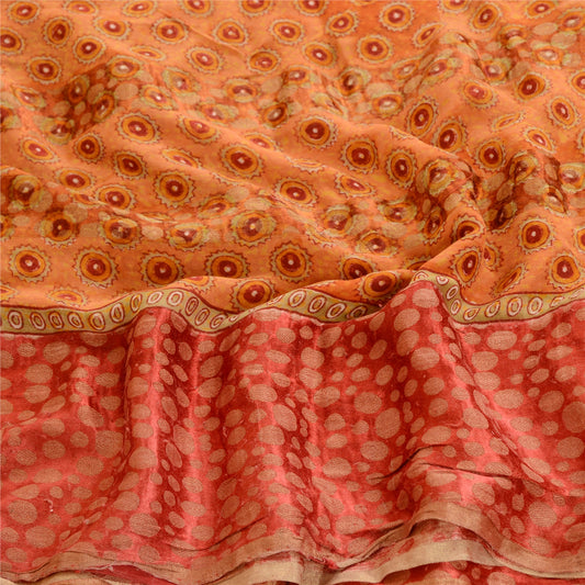 Sanskriti Vintage Saree Orange Pure Georgette Silk Printed Woven Sari 5yd Sustainable Fabric