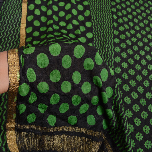 Sanskriti Vintage Saree Indian Black Blend Georgette Printed Sari Craft Sustainable Fabric