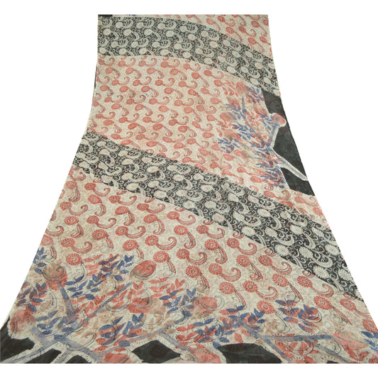 Sanskriti Vintage Saree Ivory Blend Georgette Printed Sari Floral Craft Sustainable Fabric
