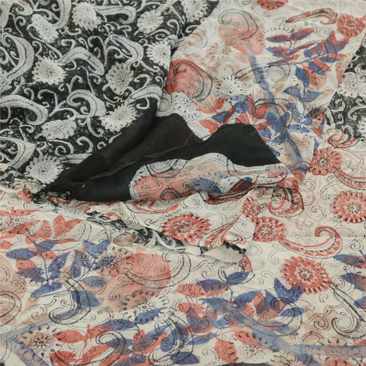 Sanskriti Vintage Saree Ivory Blend Georgette Printed Sari Floral Craft Sustainable Fabric