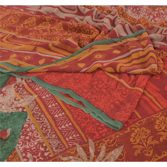 Sanskriti Vintage Dark Red Saree Pure Georgette Silk Printed Sari Craft Sustainable Fabric