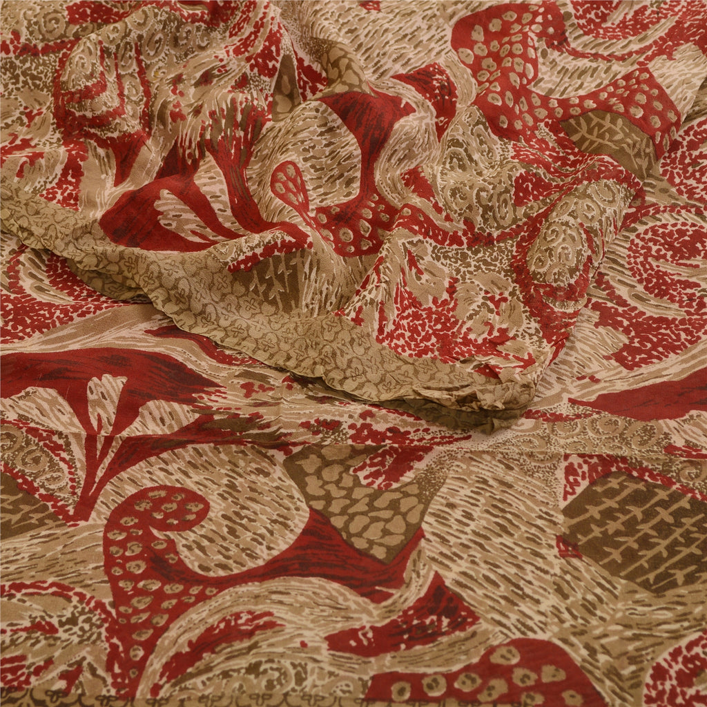 Санскрити Винтаж Сари Красный Чистый Жоржет Шелк Напечатанный Сари Мягкая Ремесленная Экологичная Ткань