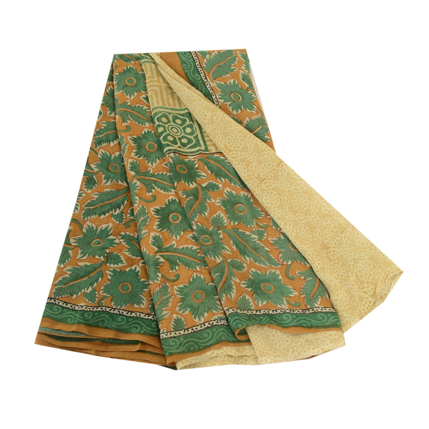 Sanskriti Vintage Saree Green Pure Georgette Silk Printed Sari Craft Soft Sustainable Fabric