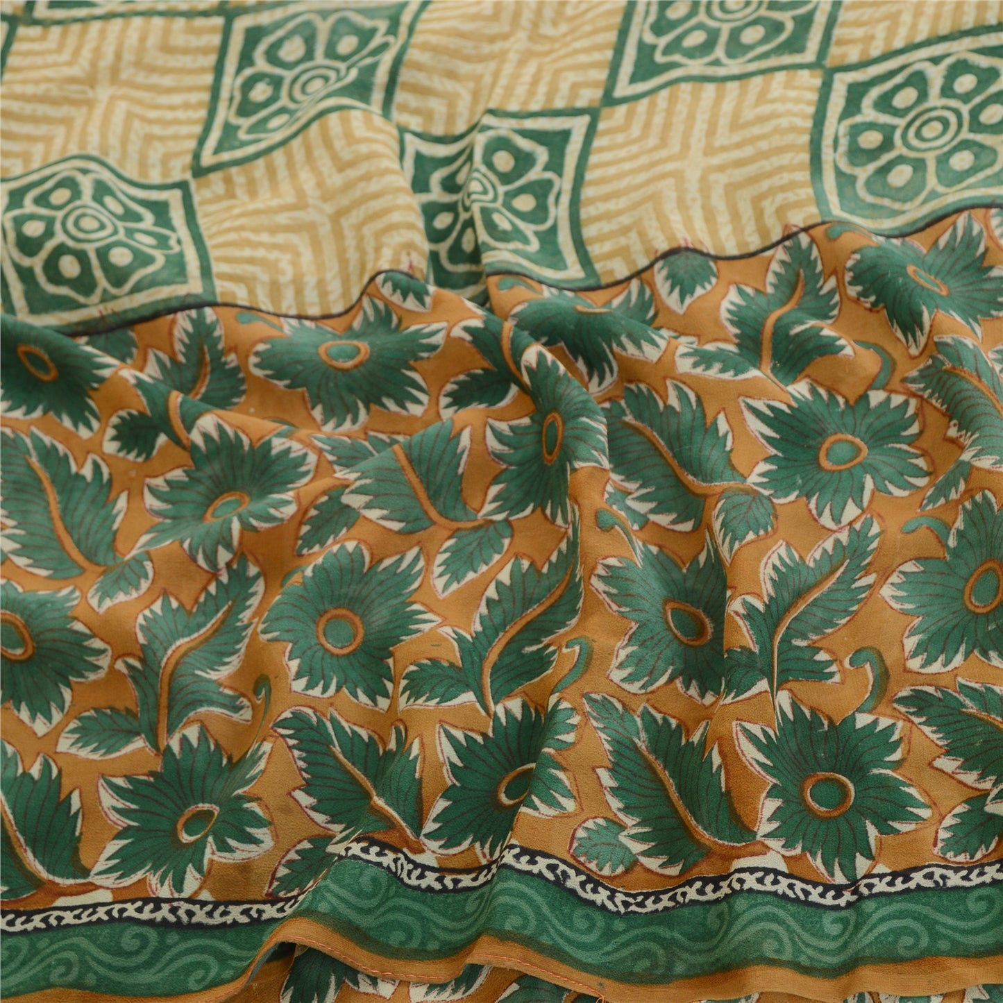 Sanskriti Vintage Saree Green Pure Georgette Silk Printed Sari Craft Soft Sustainable Fabric