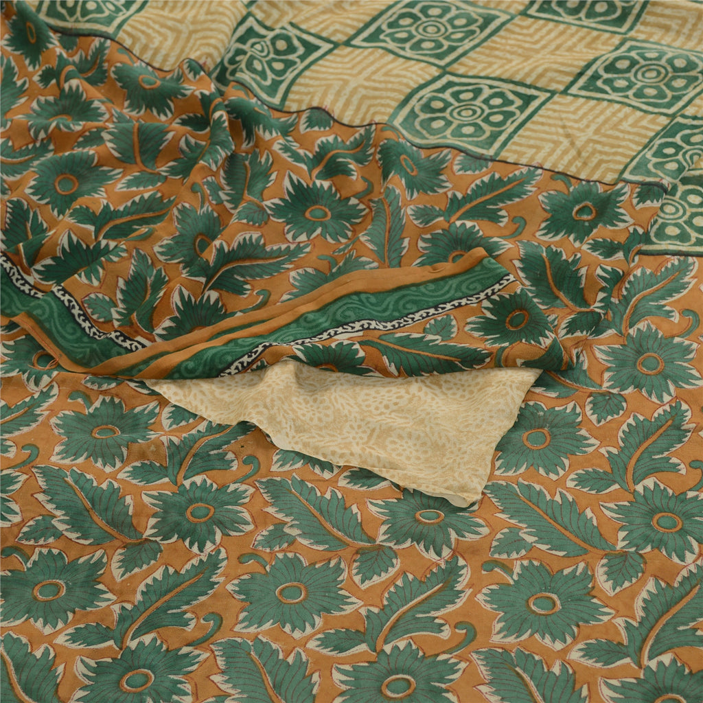 Sanskriti Vintage Saree Green Pure Georgette Silk Printed Sari Craft Soft Sustainable Fabric
