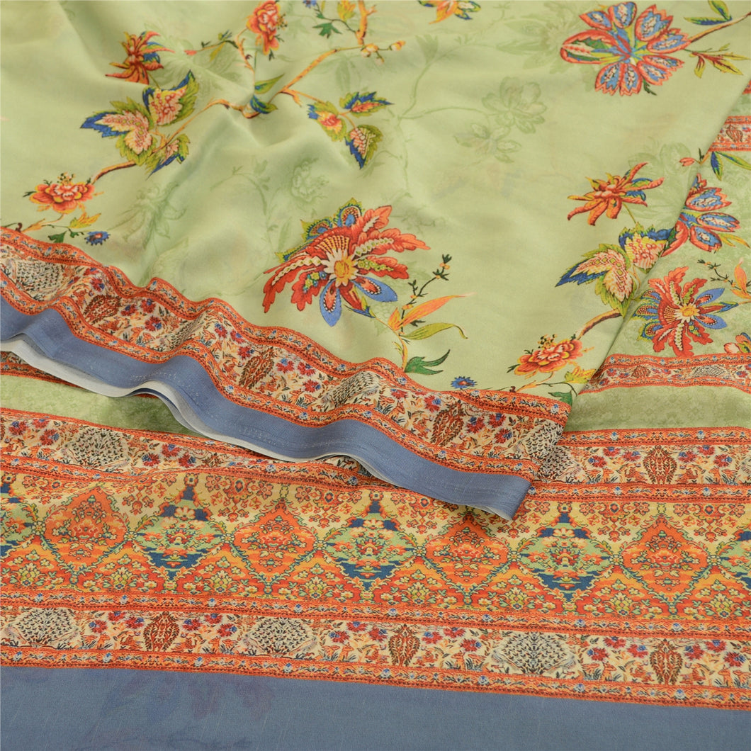 Sanskriti Vintage Saree Green Digital Printed Georgette Sari Floral Craft Fabric