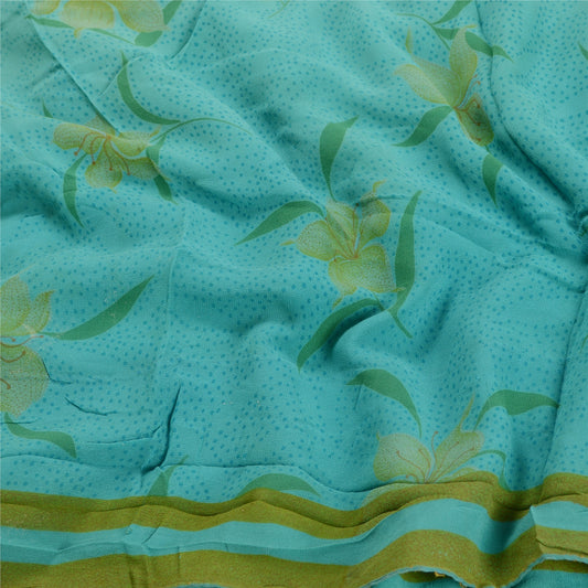 Sanskriti Vintage Saree Indian Green Pure Georgette Silk Print Sari Craft Sustainable Fabric