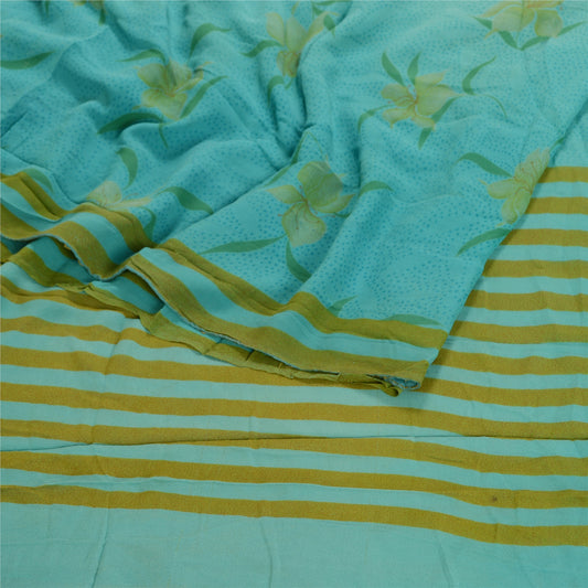 Sanskriti Vintage Saree Indian Green Pure Georgette Silk Print Sari Craft Sustainable Fabric