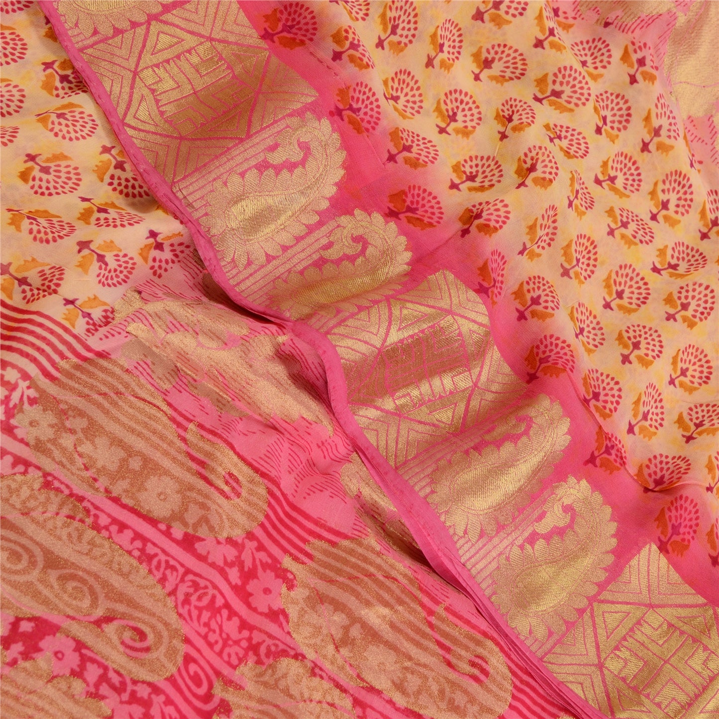 Sanskriti Vintage Saree Pink Blend Georgette Printed Woven Sari 5yd Craft Sustainable Fabric