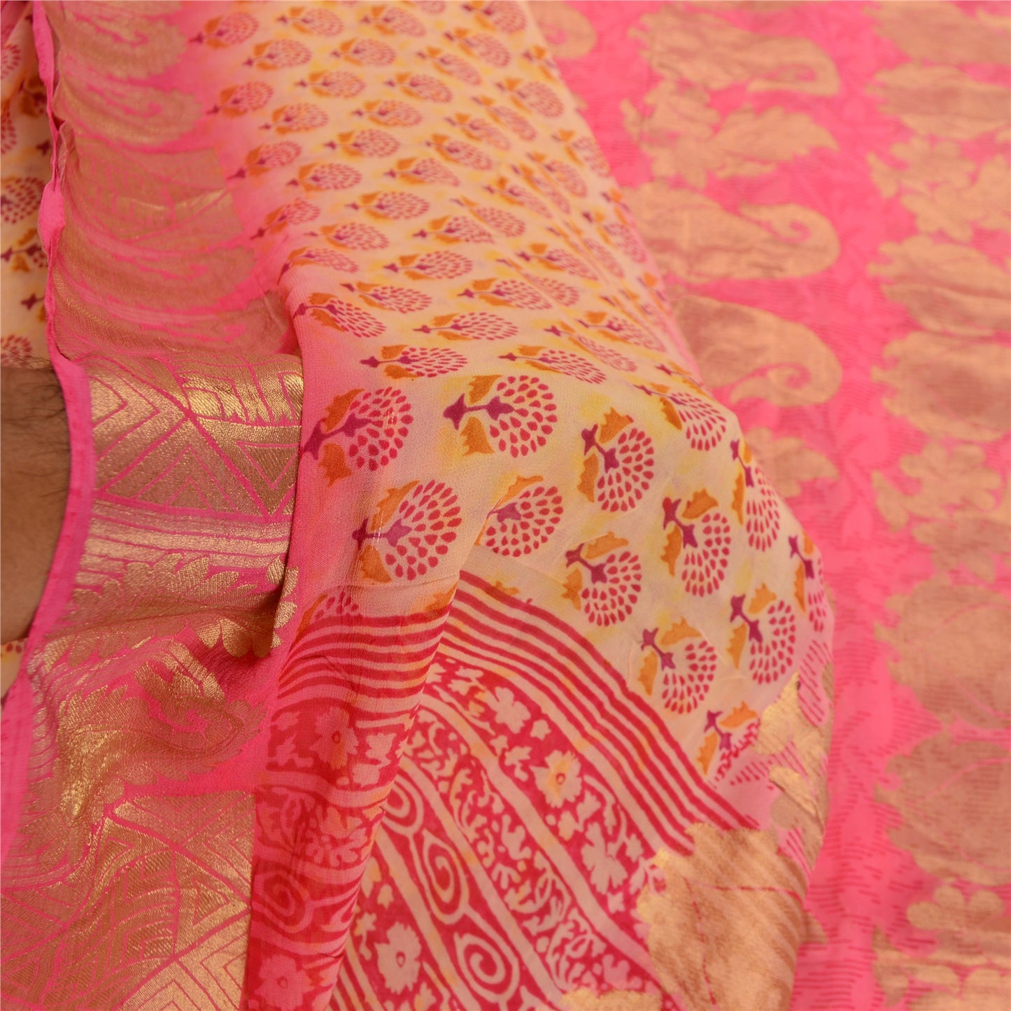 Sanskriti Vintage Saree Pink Blend Georgette Printed Woven Sari 5yd Craft Sustainable Fabric