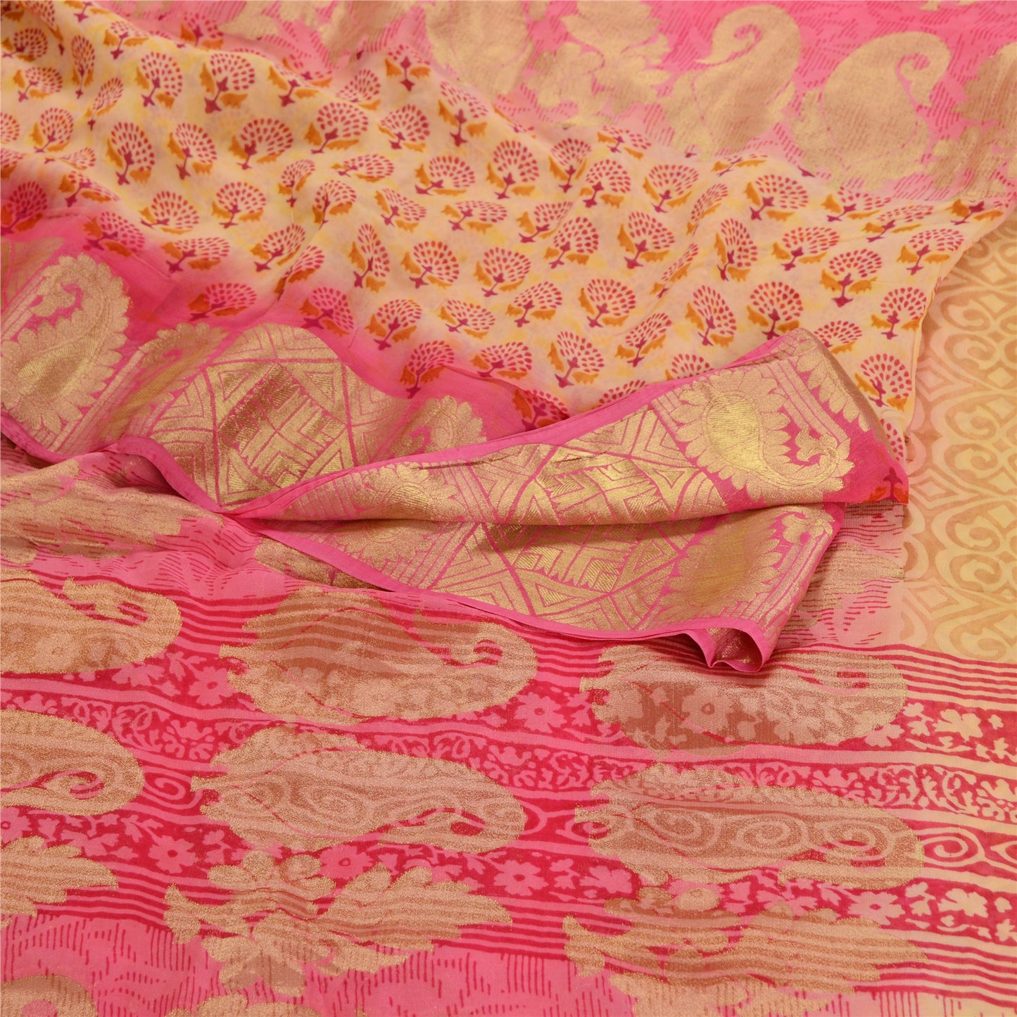 Sanskriti Vintage Saree Pink Blend Georgette Printed Woven Sari 5yd Craft Sustainable Fabric