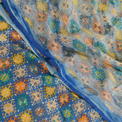 Sanskriti Vintage Saree Blue Blend Georgette Printed Sari Floral Craft Sustainable Fabric