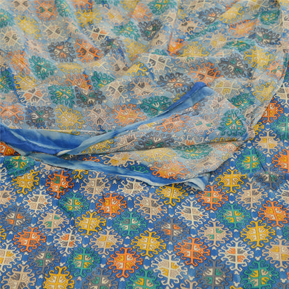 Sanskriti Vintage Saree Blue Blend Georgette Printed Sari Floral Craft Sustainable Fabric