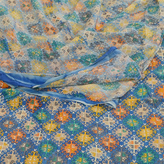 Sanskriti Vintage Saree Blue Blend Georgette Printed Sari Floral Craft Sustainable Fabric