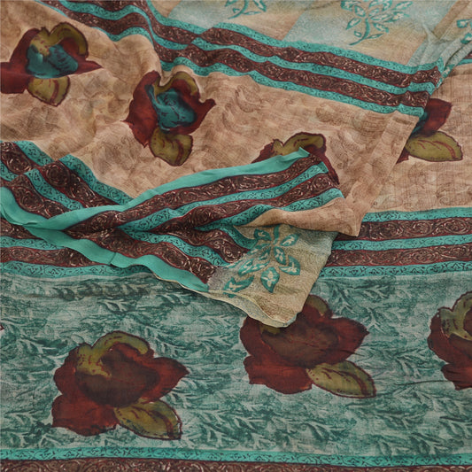 Sanskriti Vintage Saree Green Pure Georgette Silk Printed Sari 5yd Craft Sustainable Fabric