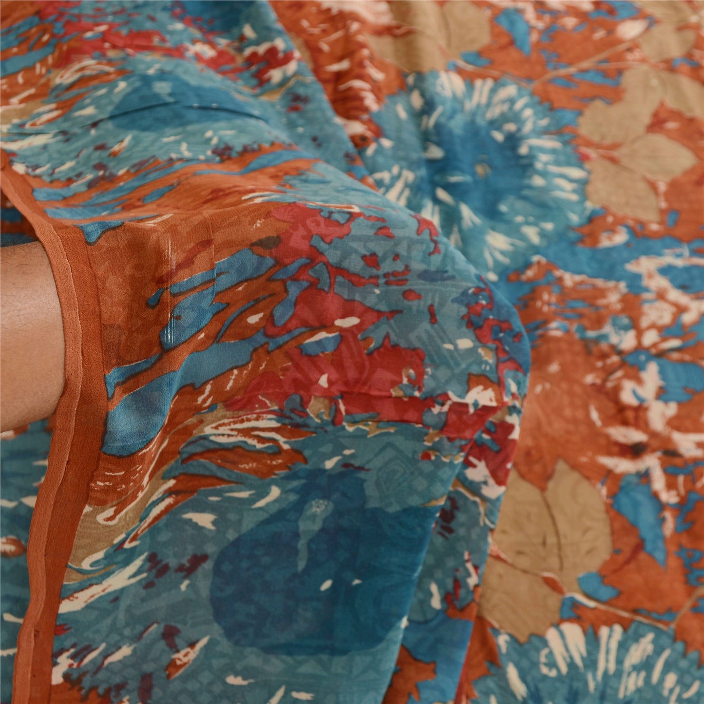 Sanskriti Vintage Sarees Orange Pure Georgette Silk Printed Sari Craft Sustainable Fabric