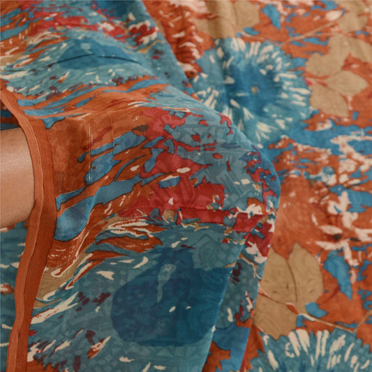 Sanskriti Vintage Sarees Orange Pure Georgette Silk Printed Sari Craft Sustainable Fabric