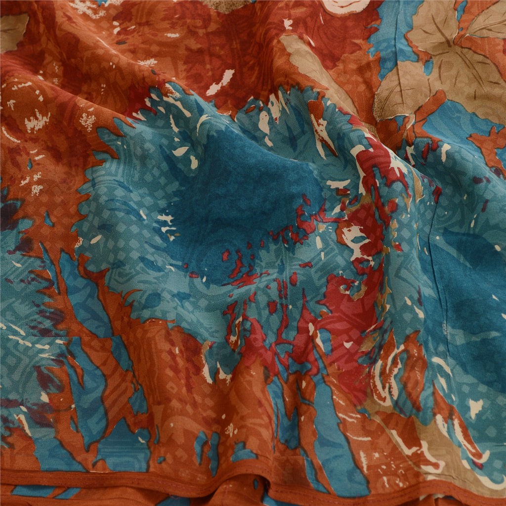 Sanskriti Vintage Sarees Orange Pure Georgette Silk Printed Sari Craft Sustainable Fabric