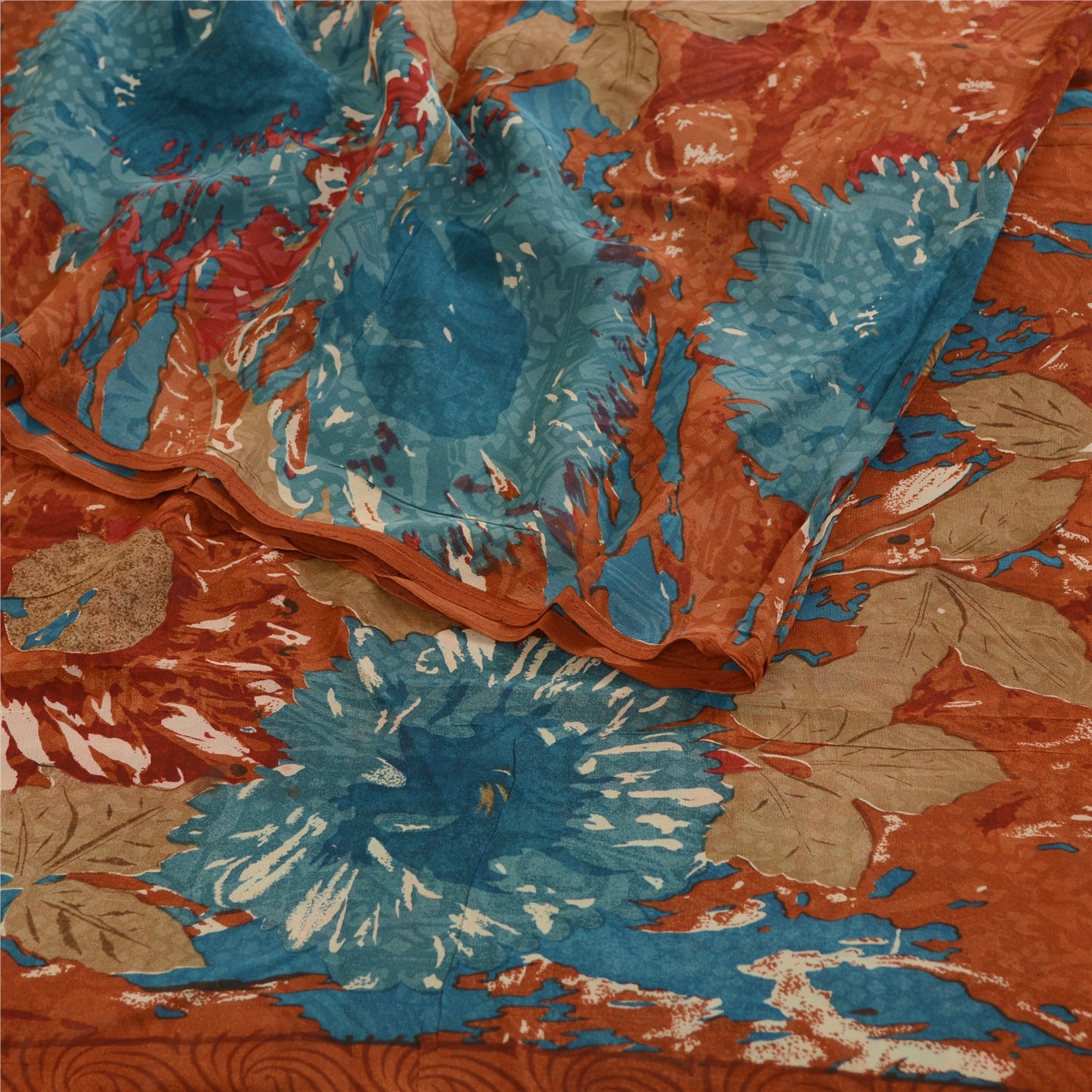 Sanskriti Vintage Sarees Orange Pure Georgette Silk Printed Sari Craft Sustainable Fabric